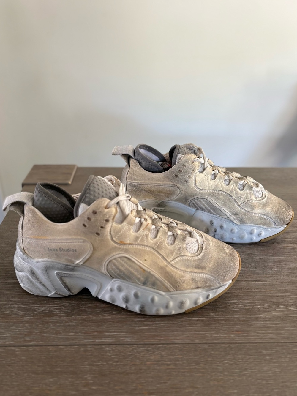 Acne Studios Rockaway Chunky Sneakers in Distressed cream Suede